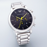 ARMANI 鐵漢威風三眼計時優質腕錶-黑+銀-AR11324