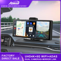 ADINKAM 10.26 Portable Dash Cam 4K Dash Cam Wireless CarPlay Android Auto Dual Camera Recorder Stereo ADAS/AUX/GPS