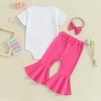 Baby Girls Birthday Outfits Short Sleeve Disco Ball Print Romper Flare Pants Headband Set Newborn Clothes