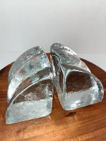 Vintage Blenko Clear Crystal Ice Block Waterfall Glass Bookends MCM RARE pattern