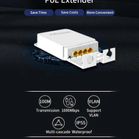Hisource 4 Port IP55 Waterproof POE Repeater 100/1000Mbps 1 to 3 Network Switch PoE Extender for IP Camera
