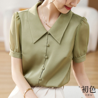 初色  簡約公主泡泡袖短袖翻領排扣襯衫上衣-綠色-68167(M-2XL可選)