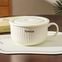 全城熱賣 - 忌廉風陶瓷泡麪碗家用帶蓋保鮮飯碗可微波爐學生手柄碗上班便當盒（奶白色）6英寸泡麪碗+保鮮蓋 （可下大面餅）