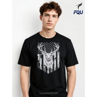 FQU Buck Deer Hunting 4th Of July USA Flag T-shirt Machine Washable Holiday for Halloween and Christ