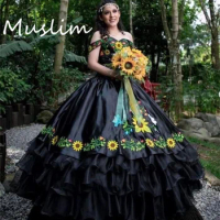 Charro Black Mexican Quinceanera Dress 2024 Emboridery Sunflowers Gothic Halloween Bridal Dress Ball Gown Sweet 15 Birthday