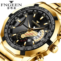 FNGEEN Quartz Wristwatch Non Mechanical Big Dial Male Clock High Steel Waterproof New Concept Calendar Gold Business Man Watch