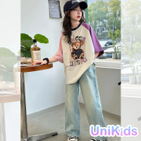 【UniKids】中大童裝短袖T恤 復古小熊撞色上衣 女大童裝 CVNG323(拼色)