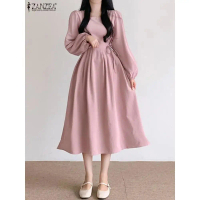 ZANZEA - ชุดเดรสปาร์ตี้แขนพัฟผู้หญิง สง่างาม เอวบาง ยาว Vestidos ผ้าพันแผล คอเหลี่ยม ชุดเดรส Midi 20