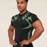 T-shirt lelaki Gymshark untuk sukan dan kecergasan, cepat kering, bernafas, regang, leher bulat, len