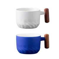 Blue Ceramic Coffee Mug Retro Wooden Handle Filter Tea Mug Office Water Cup Solid Color Gradient Glaze Coffee Cup TeaCup