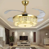 42 Inch Invisible Reversible Ceiling Fan with LED Light and Remote, Indoor Crystal Ceiling Light Kits with Retractable Fans