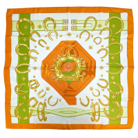【二手名牌BRAND OFF】HERMES 愛馬仕【再降價】橘色 真絲 Porte Bonheur系列 馬蹄圖案 90*90 方巾