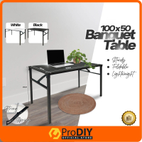 Foldable Banquet Table Black White Round Edge 100cm x 50cm Interior Study Office Desk Iron Frame Eas