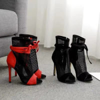 Spring Autumn New Sexy Mesh Ankle Boots Sandals Women Peep Toe Stiletto Heels Fashion Zip Lace Up Ladies Club Party Dance Shoes