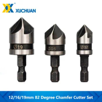 Chamfer Cutter Set 82D 5 Flute Round/Hex Shank HSS Countersink Drill Bit 12/16/19mm Woodworking Drill Bit For Power Tool