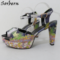 Sorbern Floral Printing Women Sandals Block High Heels Slingback Platform 12Cm Chunky Heeled Summer Shoes Open Toe Size 33-48