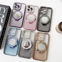 For iPhone 15 Pro Glitter Double Diamond Luxury Case for iPhone 11 12 13 15 14 Pro Max Magsafe Stand Holder Make Up Mirror Cover