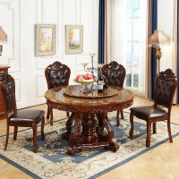 歐式大理石實木餐桌椅組合家用美式圓形飯桌帶轉盤豪華雕花圓桌