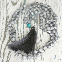 grey mala beads 108 necklace prayer beads yoga jewelry long mala 8mm marble buddhist gift mens mala necklace