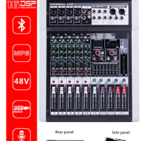 Professional Audio Mixer PX6 6 Channel Mixing Console DJ Mixer Mixing Desk Bluetooth REC MP3 Interface Built-in 16 Reverb Effect