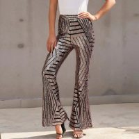 Women Sequin Wide Legs High Waist Striped Shiny Fashion Flared Long Pants Casual Glitter Ladies Trousers Club Disco Party