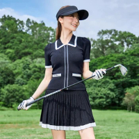 MY Golf Women New Black Set Elegant Slim Short Sleeve Knitted Top Breathable Jersey Half Skirt High Waist Knit Pleats Skort