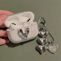 Korean Cute 3D Silver Love Heart Earphone Case For AirPods 1 2 3 Airpods Pro2 With Beads Pendant Protective Shell Soft Cover