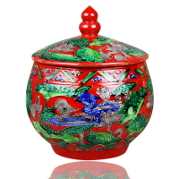 cj7歡暢景德鎮陶瓷 中國紅鴛鴦浮雕茶葉罐 罐子儲物罐工藝品