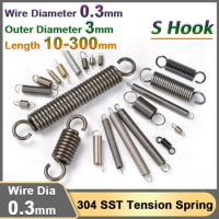 0.3mm Stainless Steel Open S Hook Stretching Spring Cylindroid Helical Pullback Extension Tension Coil Springs Length 10-300mm