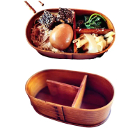 【May Shop】兩入組 日式木質飯盒 便當盒學生分格午餐便當盒(含蓋子)