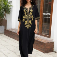 Gold Embroidered Women Half Sleeve Black Kaftan Robe Long Dress Holiday Relaxed Homewear Beach Wear Moo Moo Dresses Q1664