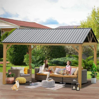 12'x14' Yellow-Brown Hardtop Gazebo Outdoor Aluminum Gazebo with Galvanized Steel Gable Canopy for Patio Decks Backyard,Garden