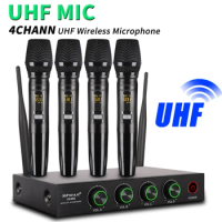 4 Channel Wireless Microphone System UHF Handheld Dynamic Microphone for Home Karaoke Singing Loudspeaker Speech