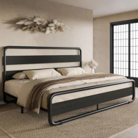King Size Metal Bed Frame with Wooden Headboard and Footboard, Heavy Duty Platform Bed Frame with 10" Under-Bed Storage