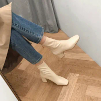 High Heel Short Boots Women's 2023 Spring Autumn New Square Headed Thick Heels Internet Celebrity Thin Heels Chelsea Short Boots
