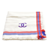 CHANEL 經典紅藍線條棉質大方巾(白色)