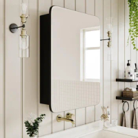 Vintage-Style Bathroom Wood Wall Cabinet with Curved Mirror, Recessed Medicine Cabinet, Bathroom Storage Cabinet, Black