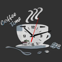 3D Mirror Coffee Cup Shaped Wall Clocks Modern Design Creative Wall Clock Sticker for DIY Kitchen Living Room Home Decorations