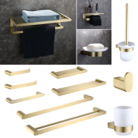 Brushed Gold Towel Ring Holder Bar Rack Brush/Paper Holder Storage Shelf Glass Cup Dish Holder Robe Clothes Hook Stainless Steel