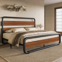 Metal Bed Frame with Wooden Headboard and Footboard, Heavy Duty Oval-Shaped Platform Bed with Under-Bed Storage, Vintage Walnut