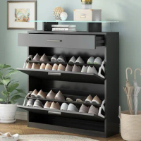 Free Standing Rack Organizer with 2 LED Light and Flip, Tempered Glass Top Shoe Storage Cabinet with Drawer, for Hallway