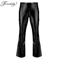 Mens Moto Punk Style Ballroom Party Pants Shiny Metallic Disco Pants with Bell Bottom Flared Long Pants Dude Costume Trousers
