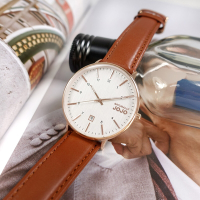 NATURALLY JOJO / 簡約時尚 髮絲紋 日期 真皮手錶-白x玫瑰金框x棕/42mm