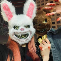 Scary Mask Bloody Rabbit Mask Teddy Bear Halloween Plush Mask party dress up props with Elastic Band Fastening Cosplay Costume
