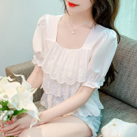 Ammin 2024 Mùa Hè Couture Pháp cổ áo vuông Phồng Tay Áo Cutout may ren áo cánh vải voan Cho Phụ Nữ N