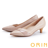【ORIN】質感雙皮質拼接尖頭中跟鞋(粉色)