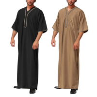 DSJMuslim lelaki Jubba Thobe butang satu warna V leher jubah Saudi Musulman baju islam arab Kaftan l
