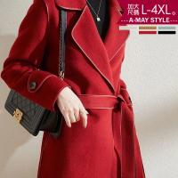 【艾美時尚】現貨 中大碼女裝 外套 時裝感暖暖羊絨繫帶中長版大衣。L-4XL(5色)