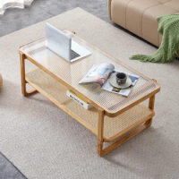 Rattan Coffee Table with Tempered Glass Top,Wood Coffee Table for Living Room,Glass Top Coffee Table with Imitation Rattan