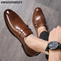 Double Monk Strap Shoes Men Classic Brown Dress Party Shoes Men Formal Loafers Mens Office Shoes Leather Sepatu Slip On Pria